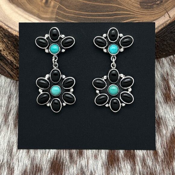 FEDERICO JIMENEZ Sterling Onyx & Turquoise Floral Cluster Post Dangle Earrings - Picture 1 of 3